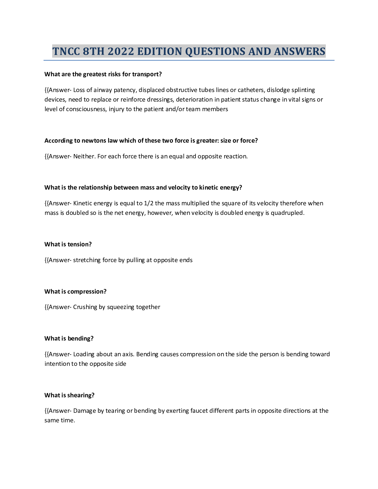 Preview image for TNCC 8TH EDITION 2022 QUESTIONS AND ANSWERS